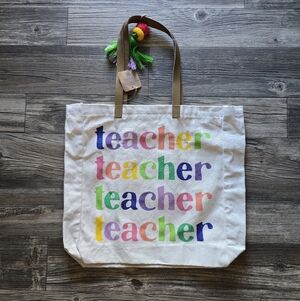 NWT Eccolo Teacher Rainbow Pom Pom Canvas Tote Bag